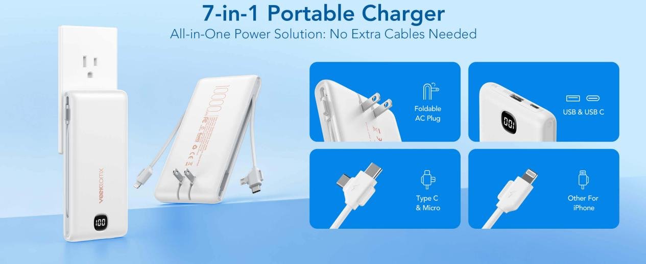 VEEKTOMX VT105 Portable Charger Brings Smarter Everyday Charging with Built-in Cables and AC Wall Plug